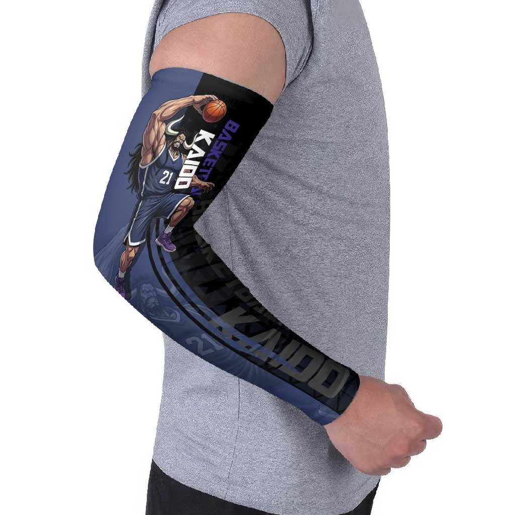 Kaido One Piece Basketball Theme Navy and Black Design Arm Sleeves with Dragon Skull Emblem and Power Dunk Pose - The Mazicc