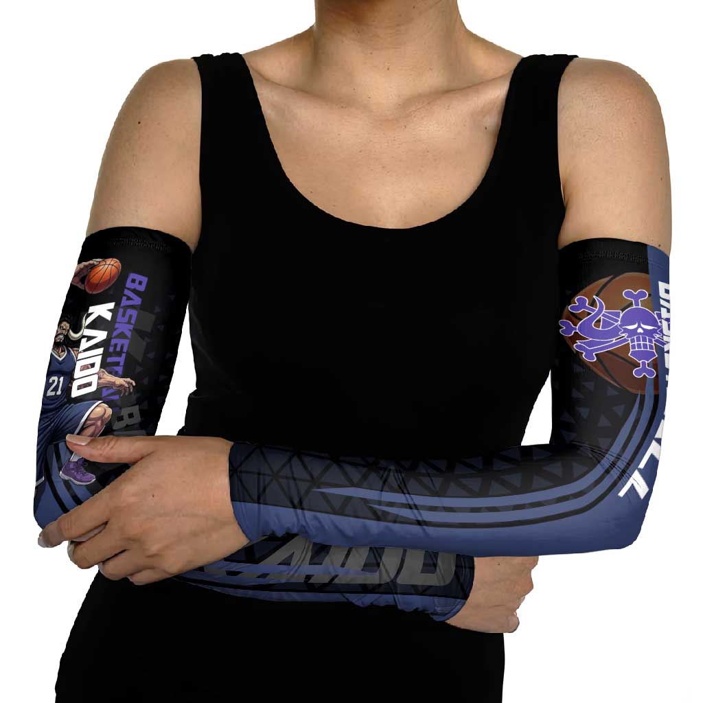 Kaido One Piece Basketball Theme Navy and Black Design Arm Sleeves with Dragon Skull Emblem and Power Dunk Pose - The Mazicc