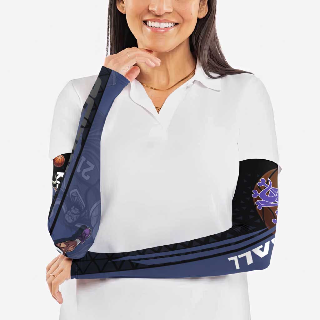Kaido One Piece Basketball Theme Navy and Black Design Arm Sleeves with Dragon Skull Emblem and Power Dunk Pose - The Mazicc