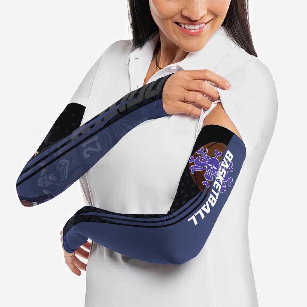 Kaido One Piece Basketball Theme Navy and Black Design Arm Sleeves with Dragon Skull Emblem and Power Dunk Pose - The Mazicc