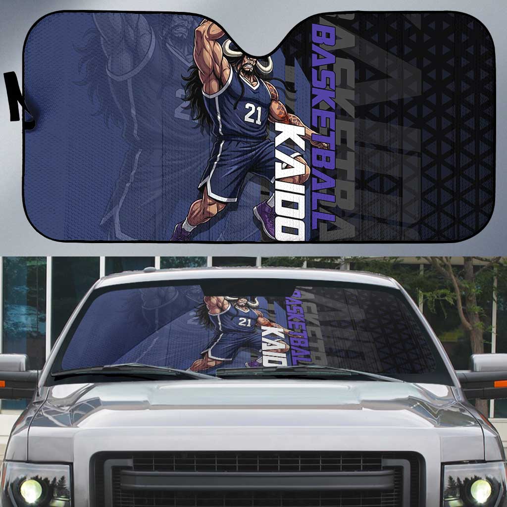 Kaido One Piece Basketball Theme Navy and Black Design Auto Sun Shade with Dragon Skull Emblem and Power Dunk Pose - The Mazicc