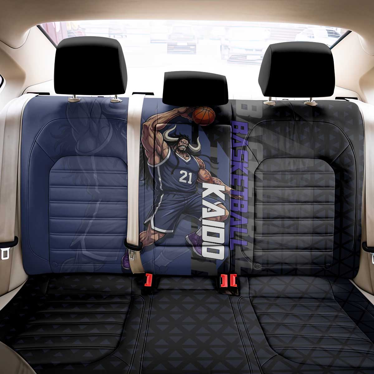 Kaido One Piece Basketball Theme Navy and Black Design Back Car Seat Cover with Dragon Skull Emblem and Power Dunk Pose - The Mazicc
