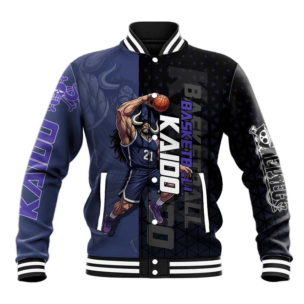 Kaido One Piece Basketball Theme Navy and Black Design Baseball Jacket with Dragon Skull Emblem and Power Dunk Pose - The Mazicc