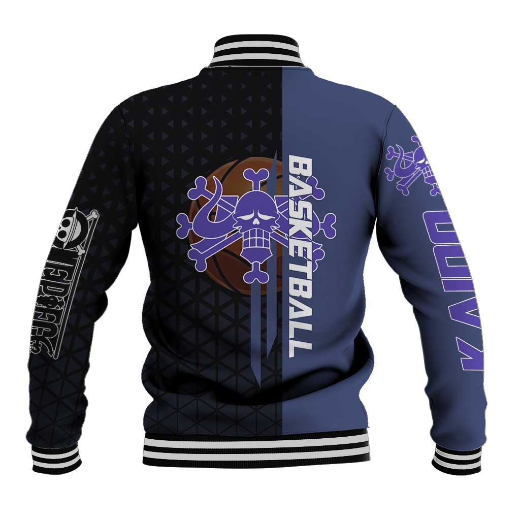 Kaido One Piece Basketball Theme Navy and Black Design Baseball Jacket with Dragon Skull Emblem and Power Dunk Pose - The Mazicc