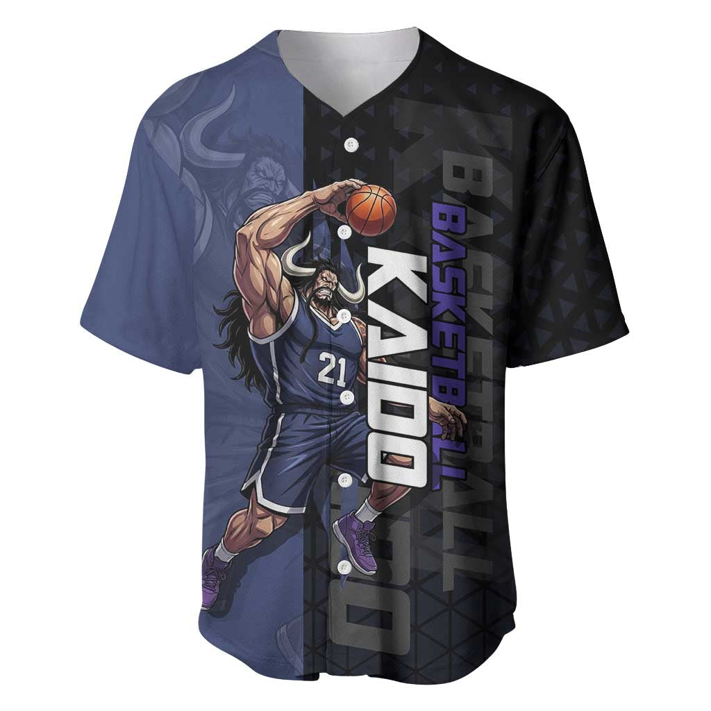 Kaido One Piece Basketball Theme Navy and Black Design Baseball Jersey with Dragon Skull Emblem and Power Dunk Pose - The Mazicc