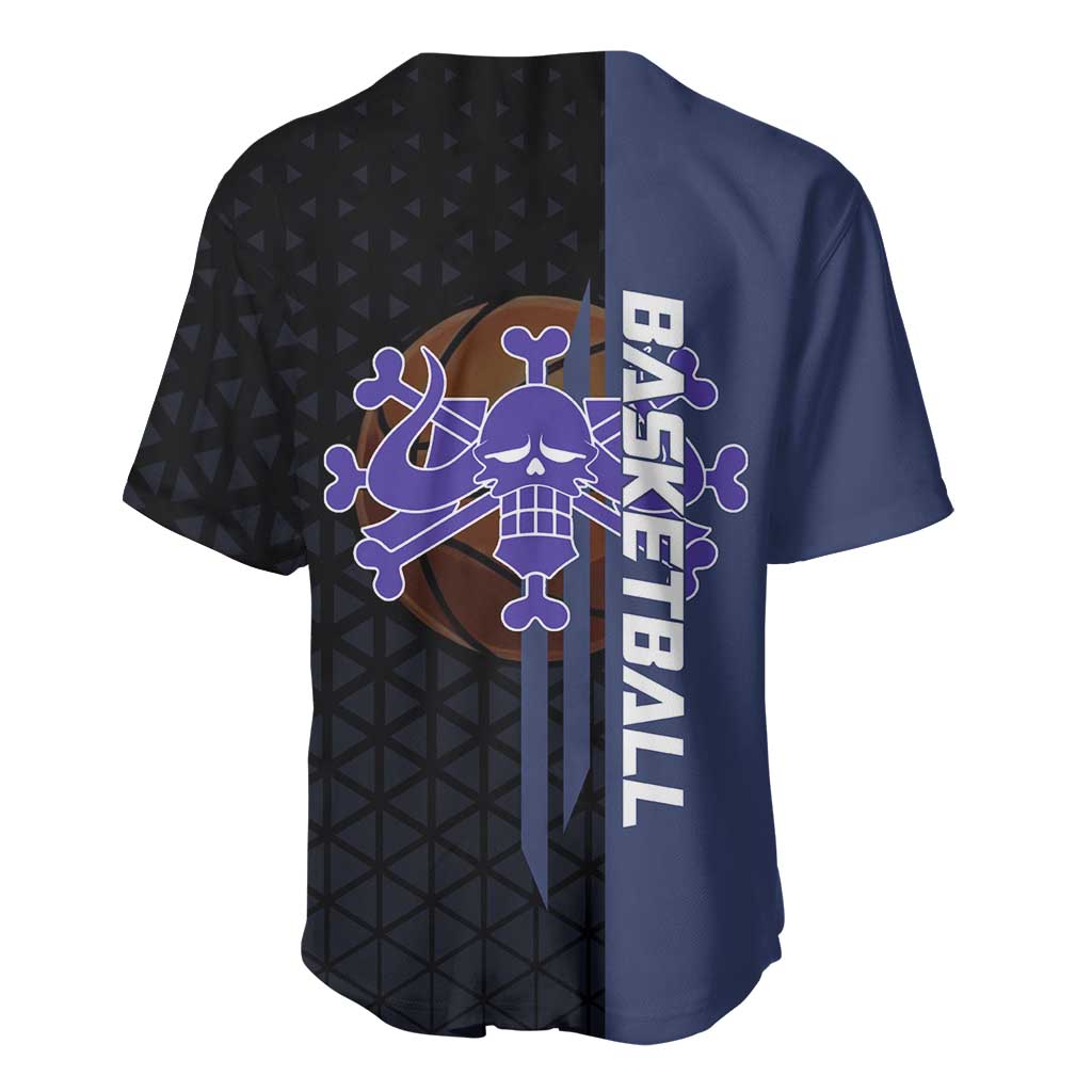 Kaido One Piece Basketball Theme Navy and Black Design Baseball Jersey with Dragon Skull Emblem and Power Dunk Pose - The Mazicc