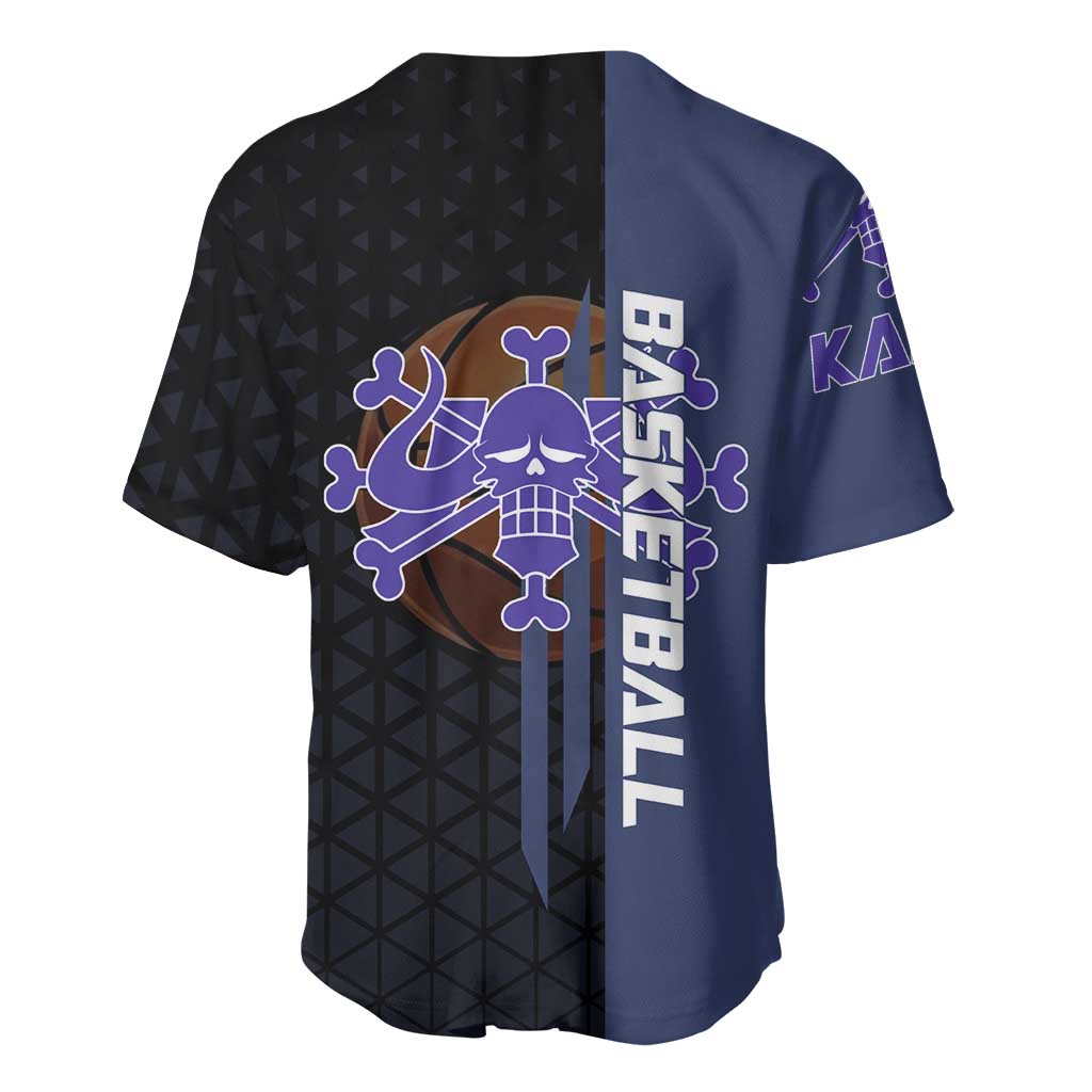 Kaido One Piece Basketball Theme Navy and Black Design Baseball Jersey with Dragon Skull Emblem and Power Dunk Pose - The Mazicc