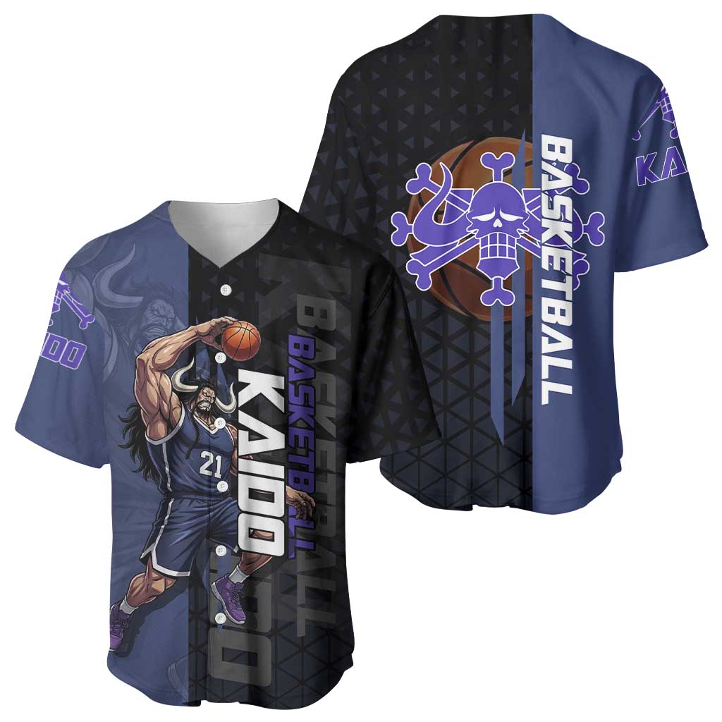 Kaido One Piece Basketball Theme Navy and Black Design Baseball Jersey with Dragon Skull Emblem and Power Dunk Pose - The Mazicc