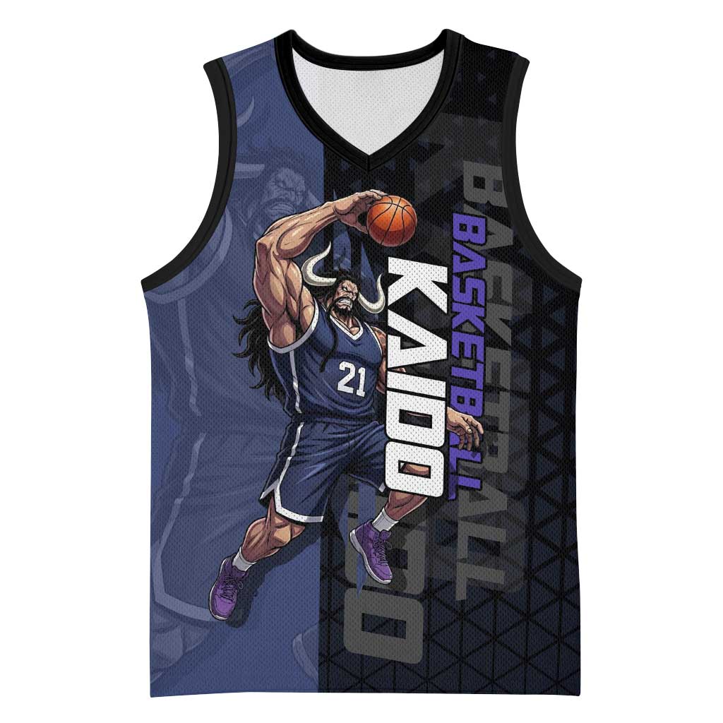 Kaido One Piece Basketball Theme Navy and Black Design Basketball Jersey with Dragon Skull Emblem and Power Dunk Pose - The Mazicc