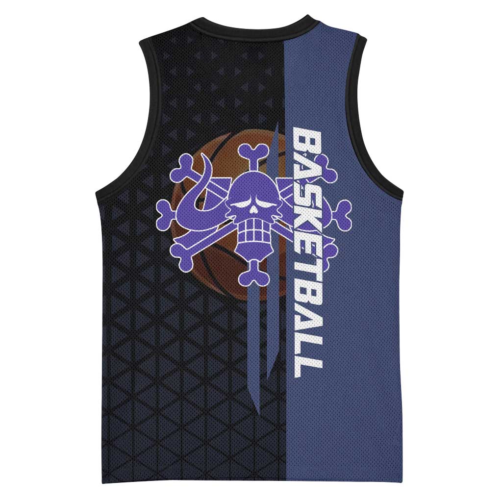 Kaido One Piece Basketball Theme Navy and Black Design Basketball Jersey with Dragon Skull Emblem and Power Dunk Pose - The Mazicc