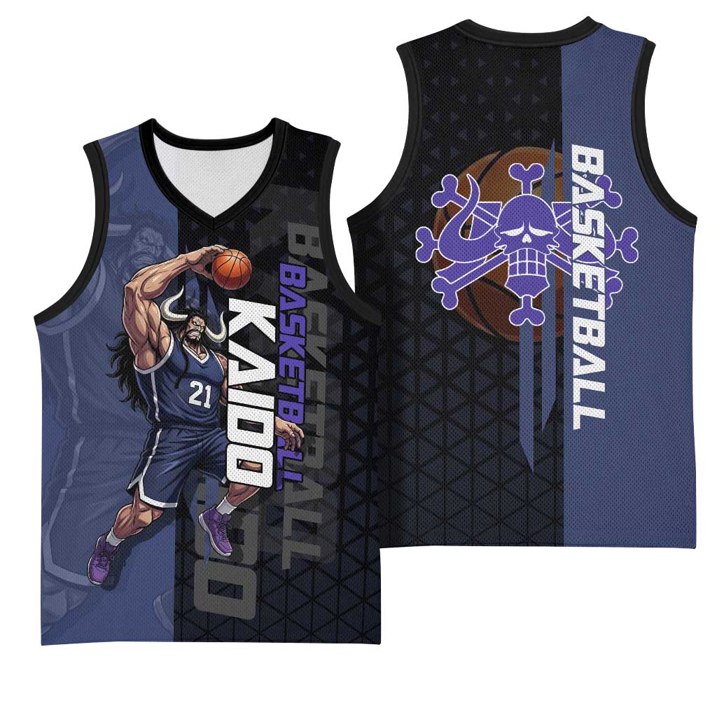 Kaido One Piece Basketball Theme Navy and Black Design Basketball Jersey with Dragon Skull Emblem and Power Dunk Pose - The Mazicc