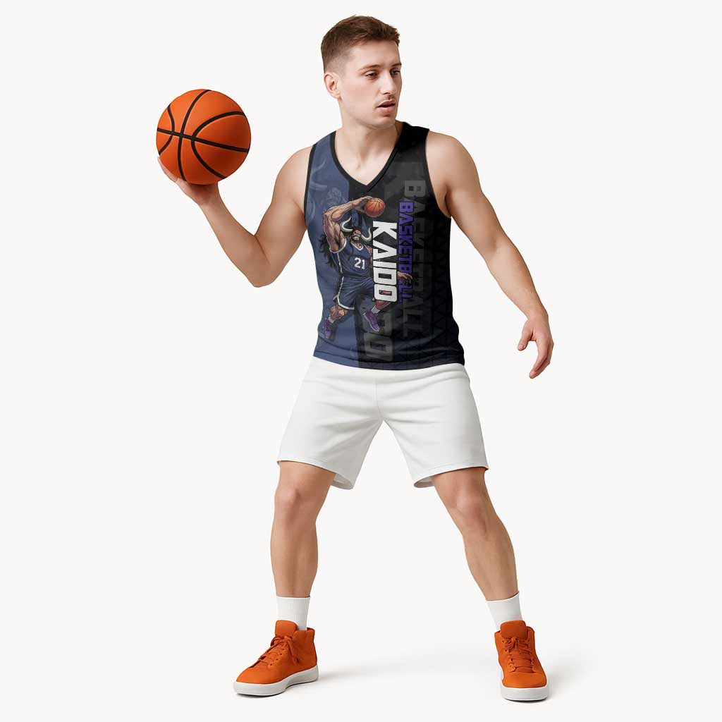 Kaido One Piece Basketball Theme Navy and Black Design Basketball Jersey with Dragon Skull Emblem and Power Dunk Pose - The Mazicc