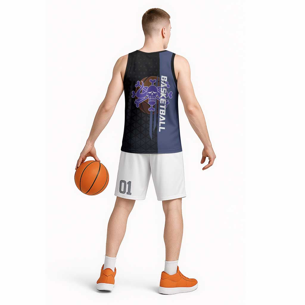 Kaido One Piece Basketball Theme Navy and Black Design Basketball Jersey with Dragon Skull Emblem and Power Dunk Pose - The Mazicc