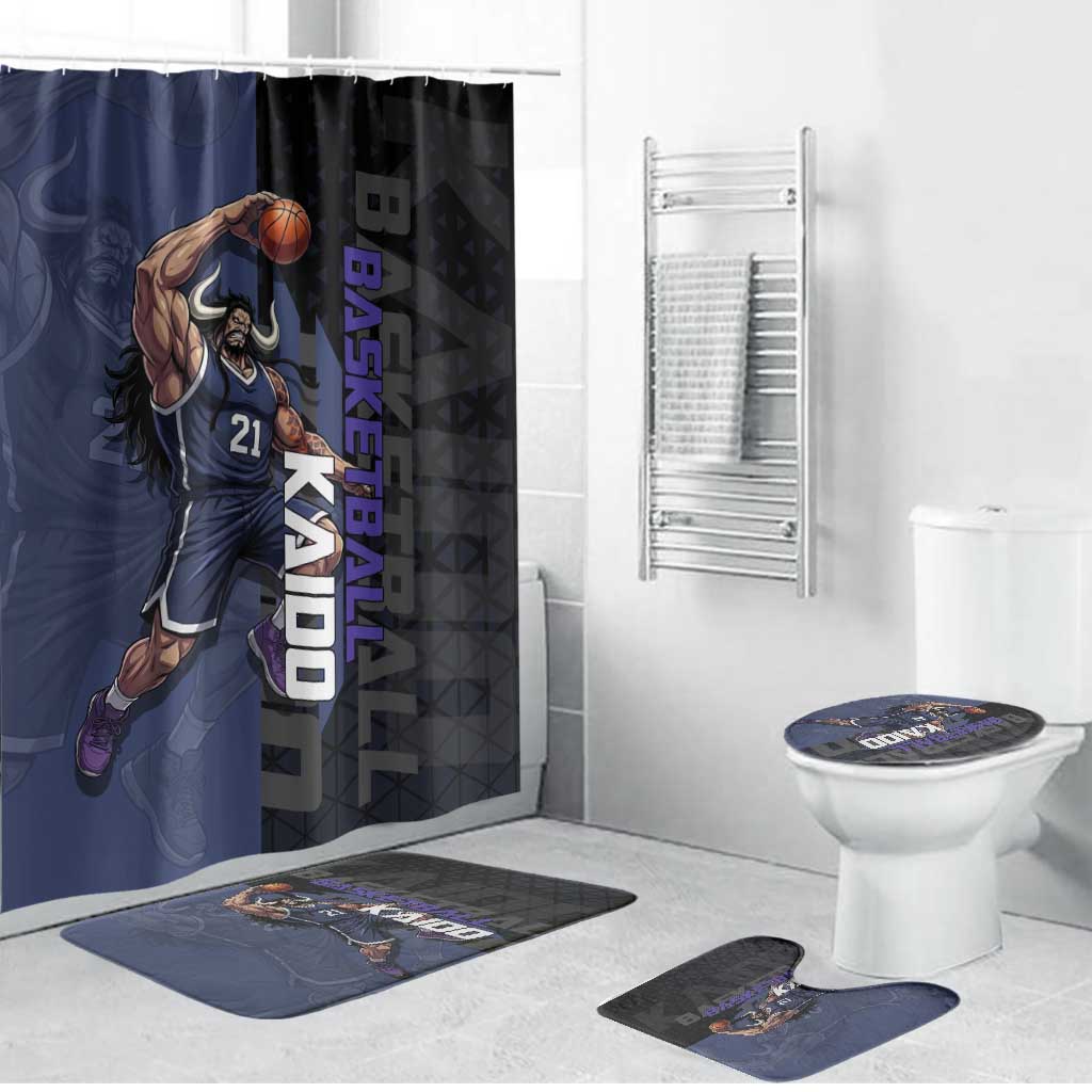 Kaido One Piece Basketball Theme Navy and Black Design Bathroom Set with Dragon Skull Emblem and Power Dunk Pose - The Mazicc