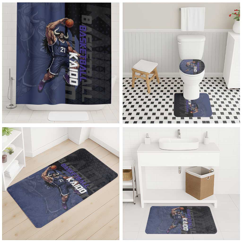 Kaido One Piece Basketball Theme Navy and Black Design Bathroom Set with Dragon Skull Emblem and Power Dunk Pose - The Mazicc