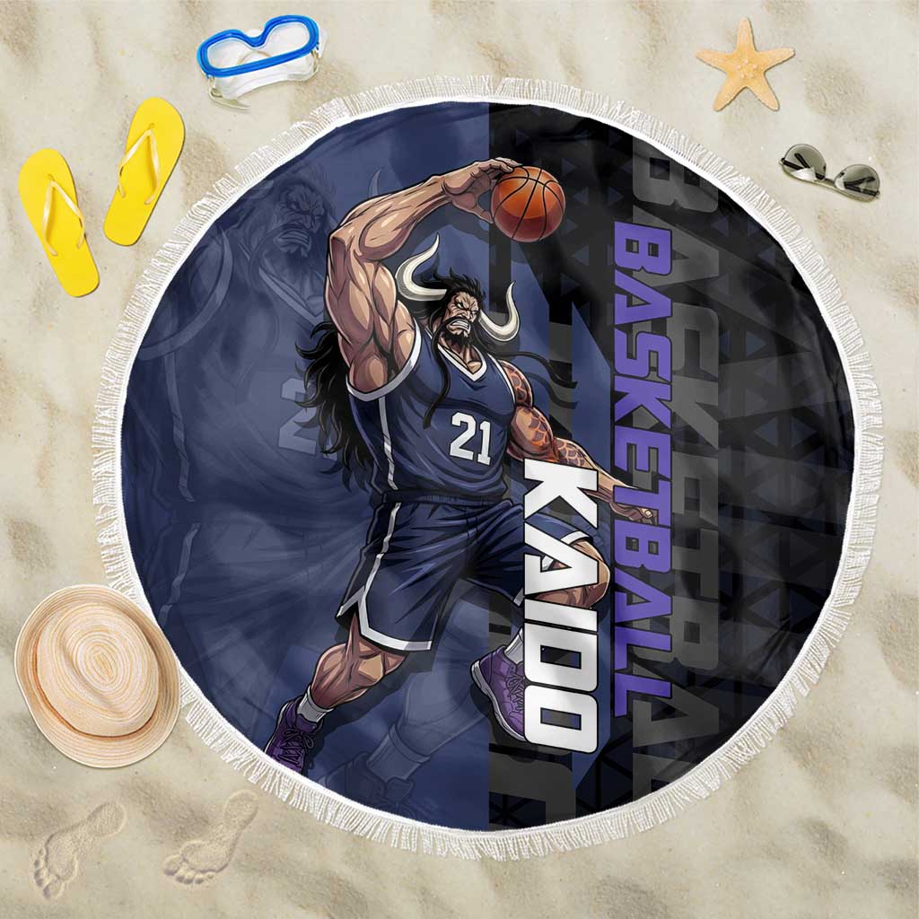 Kaido One Piece Basketball Theme Navy and Black Design Beach Blanket with Dragon Skull Emblem and Power Dunk Pose - The Mazicc
