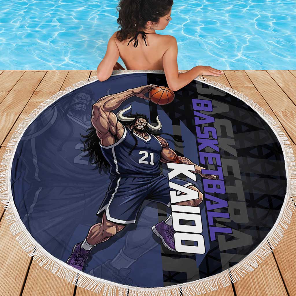 Kaido One Piece Basketball Theme Navy and Black Design Beach Blanket with Dragon Skull Emblem and Power Dunk Pose - The Mazicc