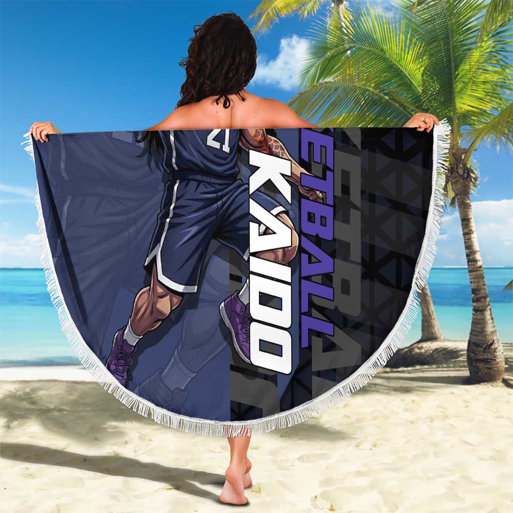 Kaido One Piece Basketball Theme Navy and Black Design Beach Blanket with Dragon Skull Emblem and Power Dunk Pose - The Mazicc