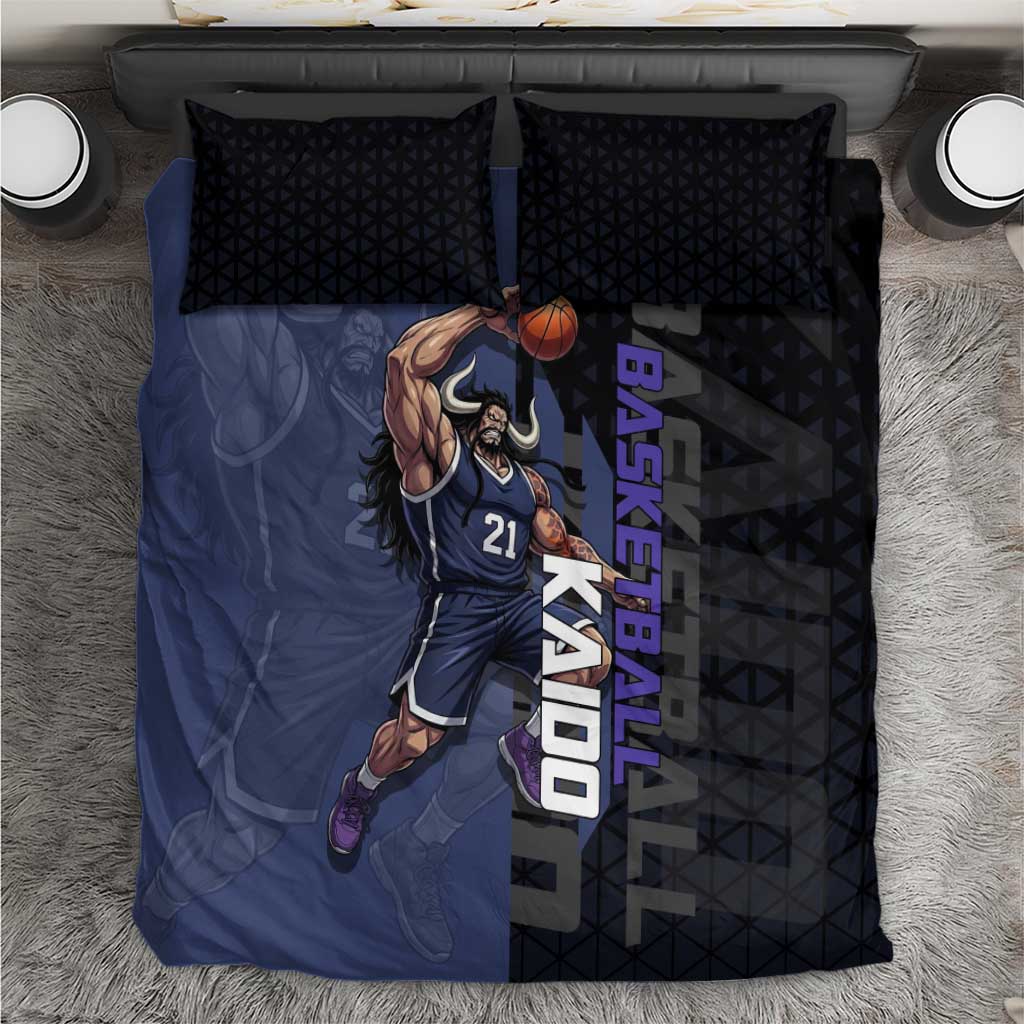 Kaido One Piece Basketball Theme Navy and Black Design Bedding Set with Dragon Skull Emblem and Power Dunk Pose - The Mazicc