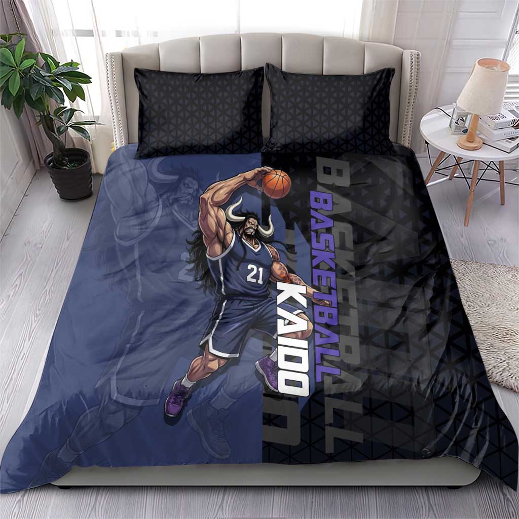 Kaido One Piece Basketball Theme Navy and Black Design Bedding Set with Dragon Skull Emblem and Power Dunk Pose - The Mazicc