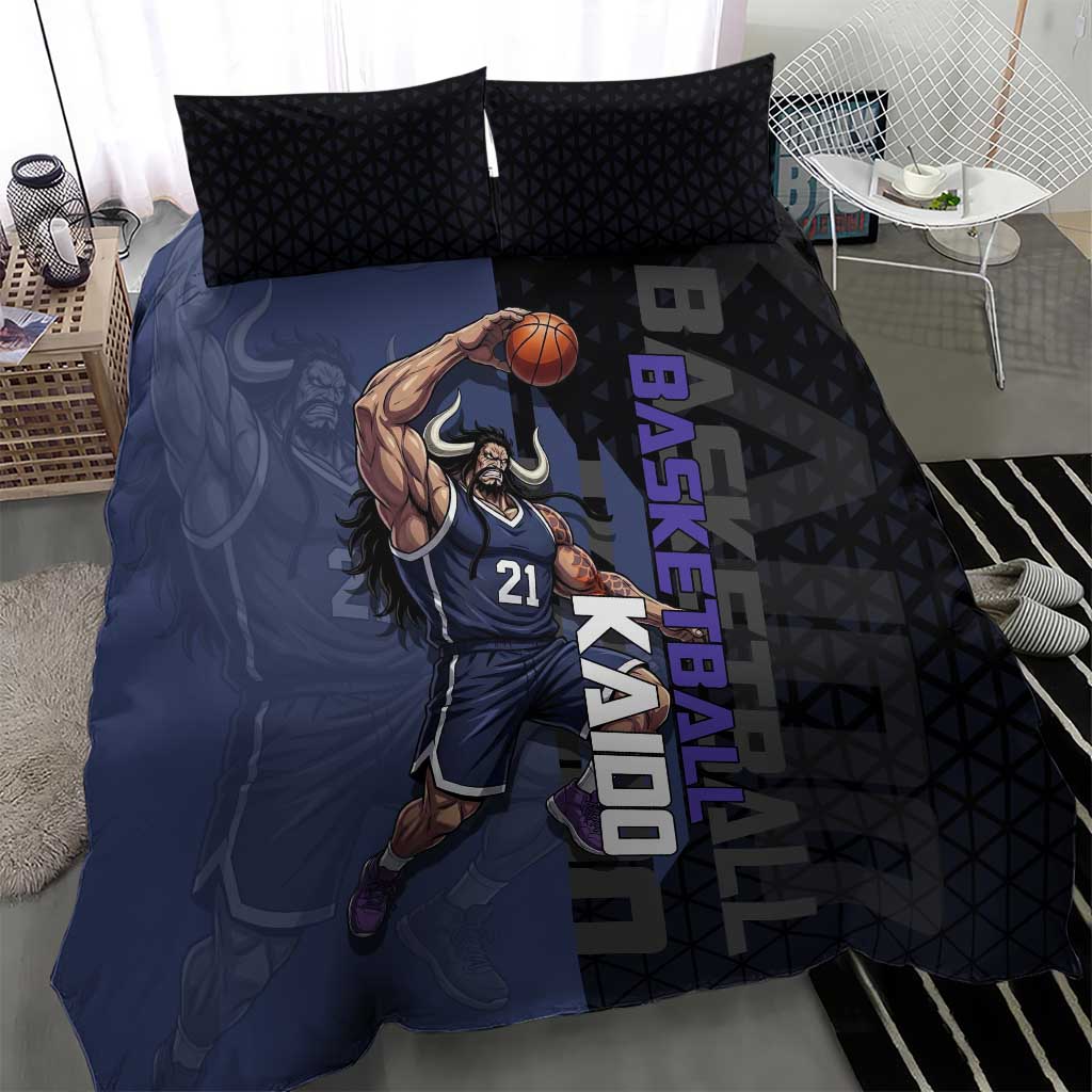 Kaido One Piece Basketball Theme Navy and Black Design Bedding Set with Dragon Skull Emblem and Power Dunk Pose - The Mazicc