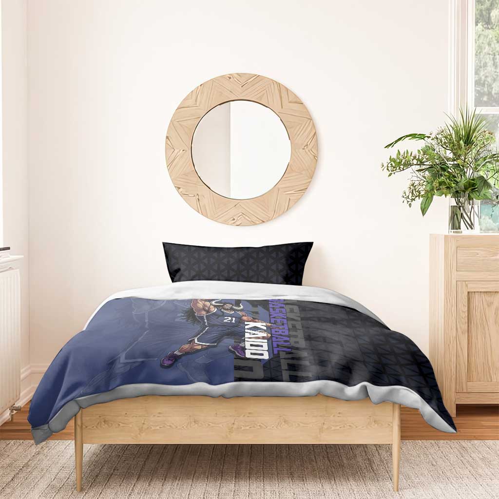 Kaido One Piece Basketball Theme Navy and Black Design Bedding Set with Dragon Skull Emblem and Power Dunk Pose - The Mazicc