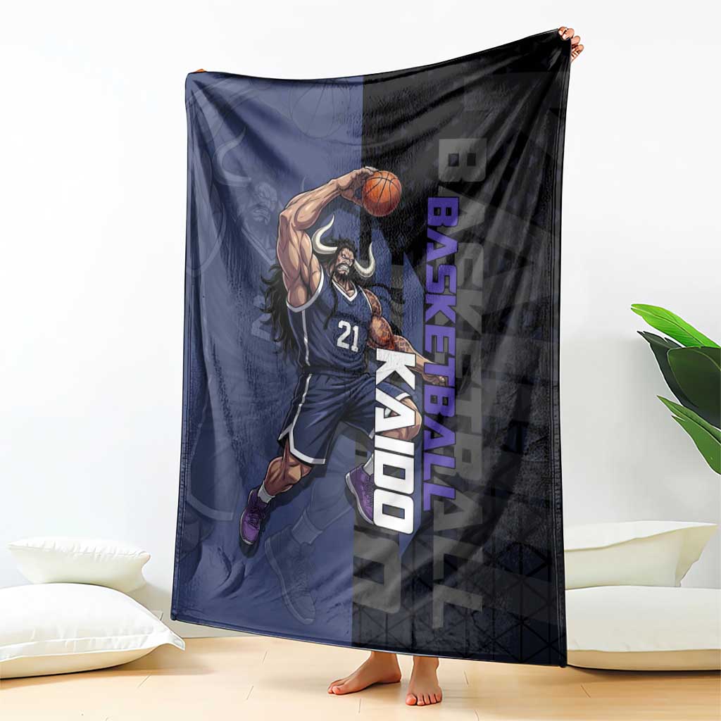 Kaido One Piece Basketball Theme Navy and Black Design Blanket with Dragon Skull Emblem and Power Dunk Pose - The Mazicc