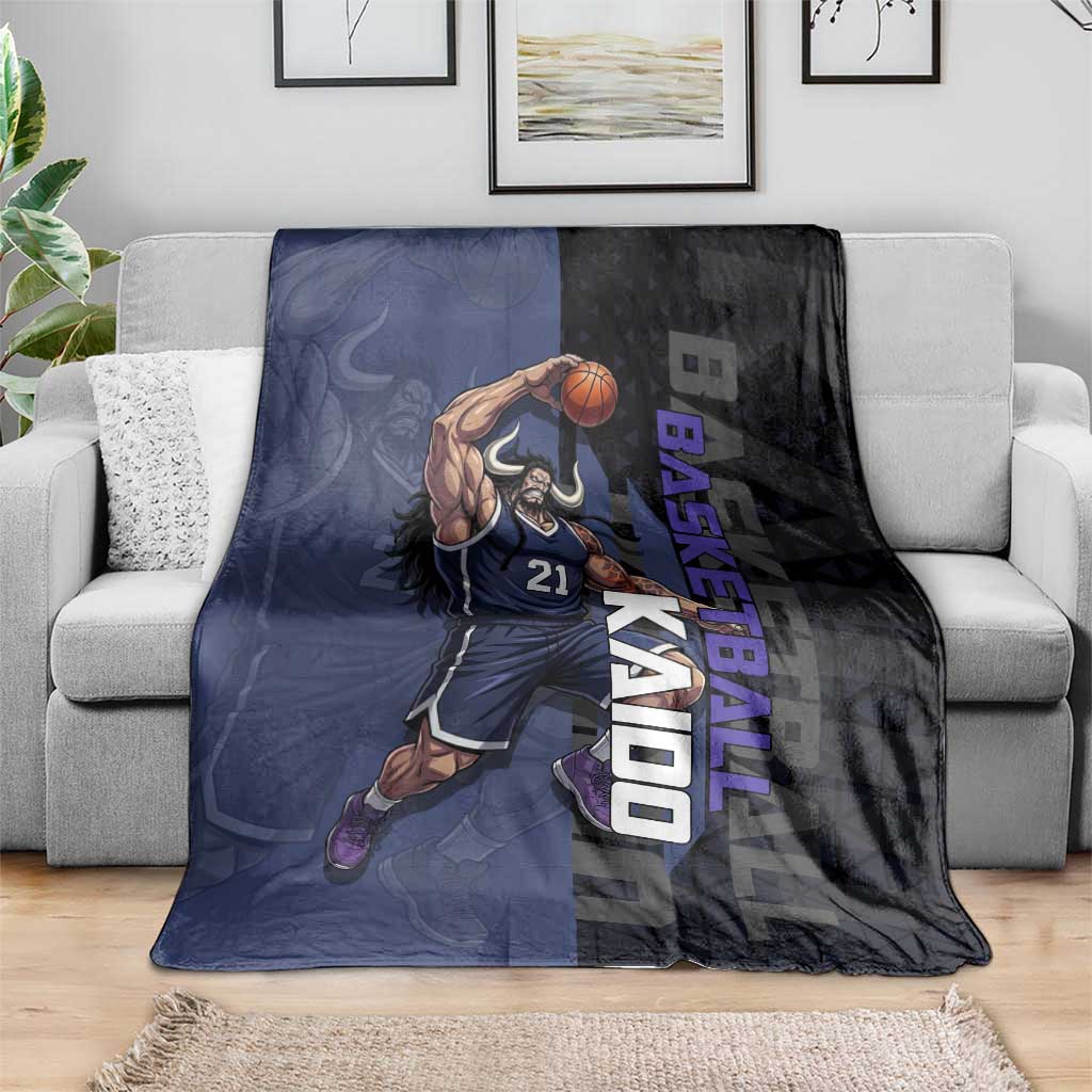 Kaido One Piece Basketball Theme Navy and Black Design Blanket with Dragon Skull Emblem and Power Dunk Pose - The Mazicc