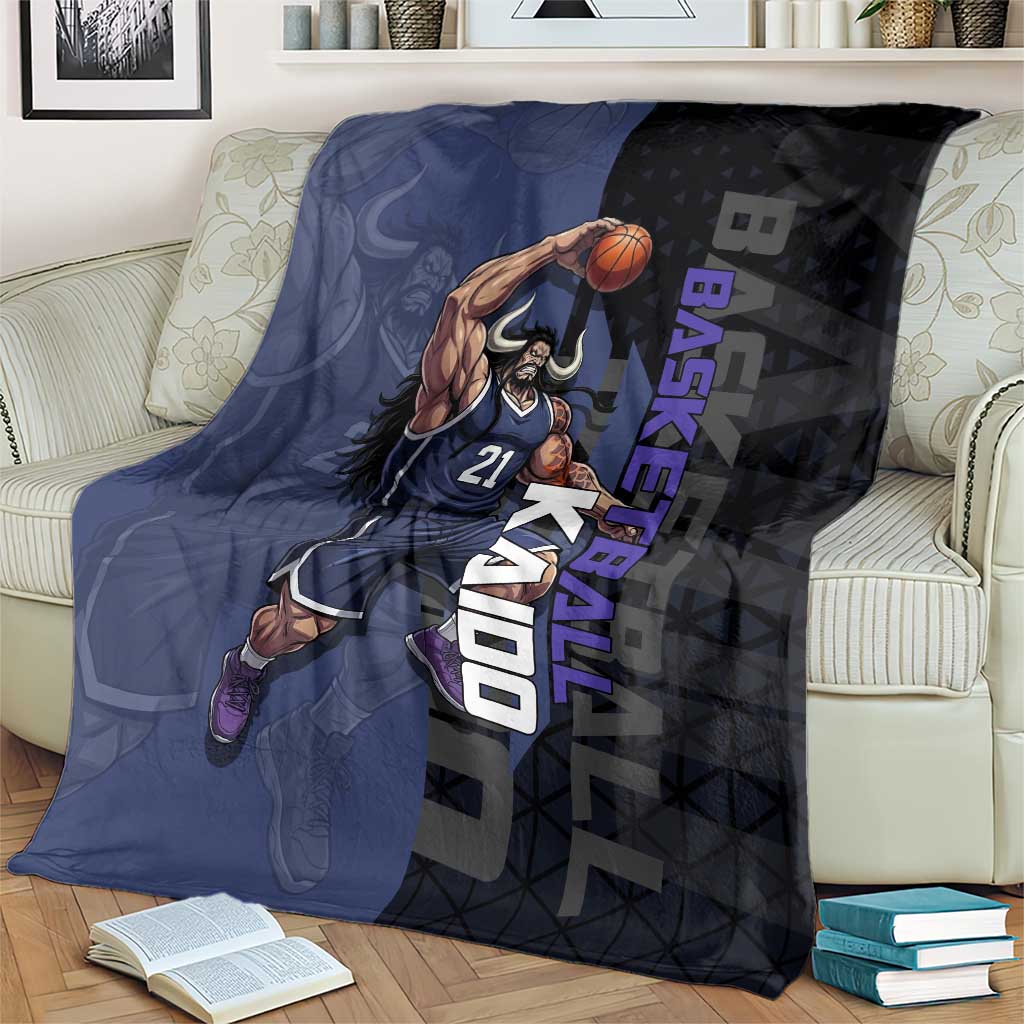 Kaido One Piece Basketball Theme Navy and Black Design Blanket with Dragon Skull Emblem and Power Dunk Pose - The Mazicc