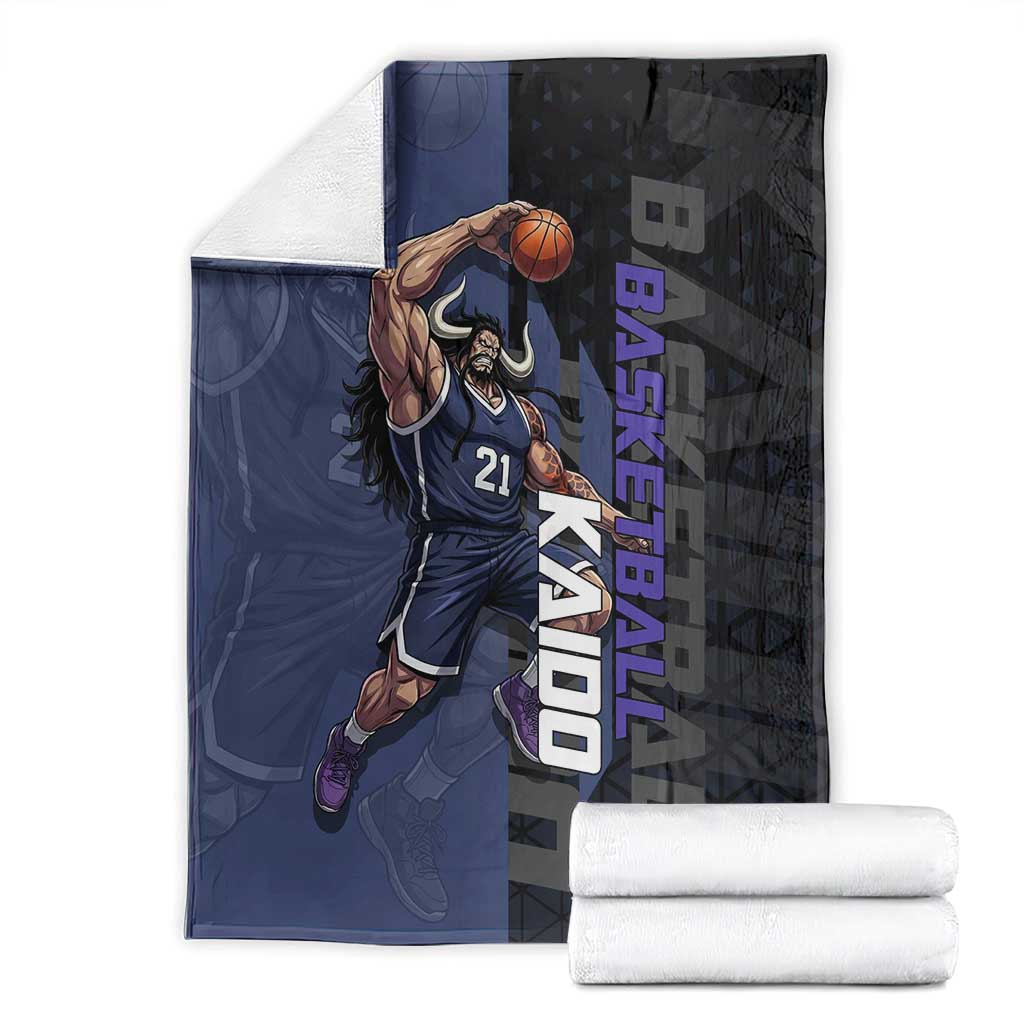 Kaido One Piece Basketball Theme Navy and Black Design Blanket with Dragon Skull Emblem and Power Dunk Pose - The Mazicc
