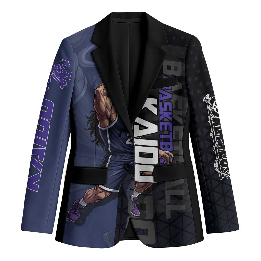 Kaido One Piece Basketball Theme Navy and Black Design Blazer with Dragon Skull Emblem and Power Dunk Pose - The Mazicc