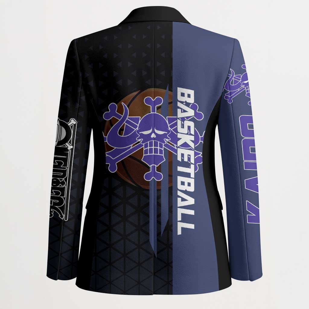 Kaido One Piece Basketball Theme Navy and Black Design Blazer with Dragon Skull Emblem and Power Dunk Pose - The Mazicc