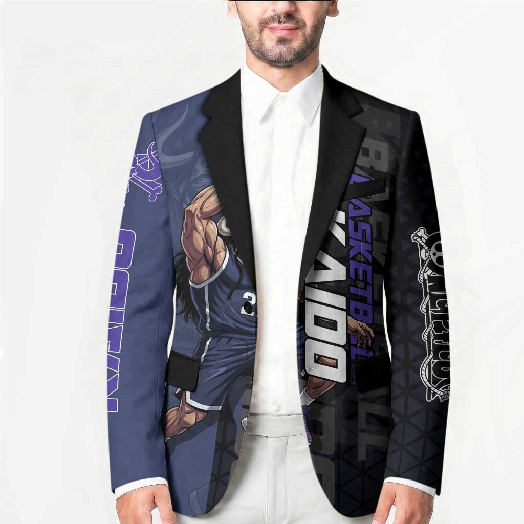 Kaido One Piece Basketball Theme Navy and Black Design Blazer with Dragon Skull Emblem and Power Dunk Pose - The Mazicc