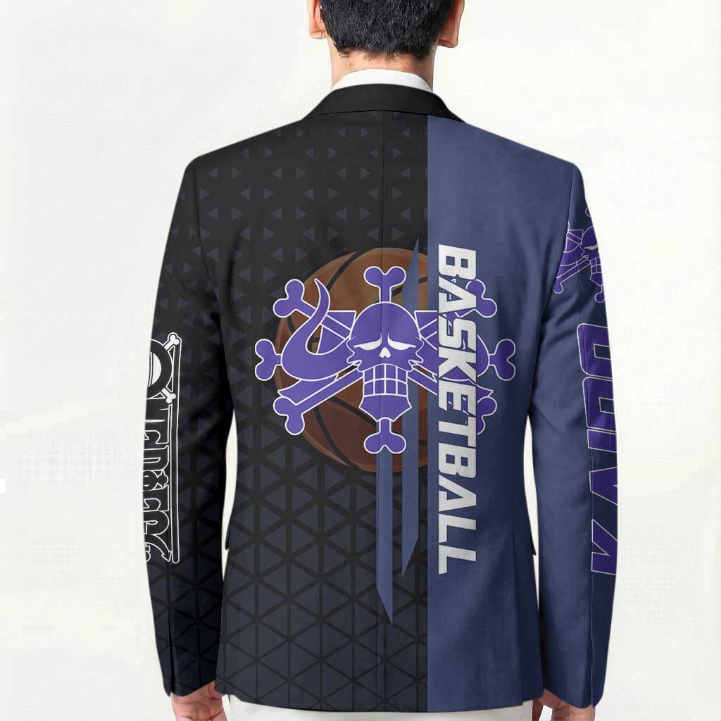 Kaido One Piece Basketball Theme Navy and Black Design Blazer with Dragon Skull Emblem and Power Dunk Pose - The Mazicc
