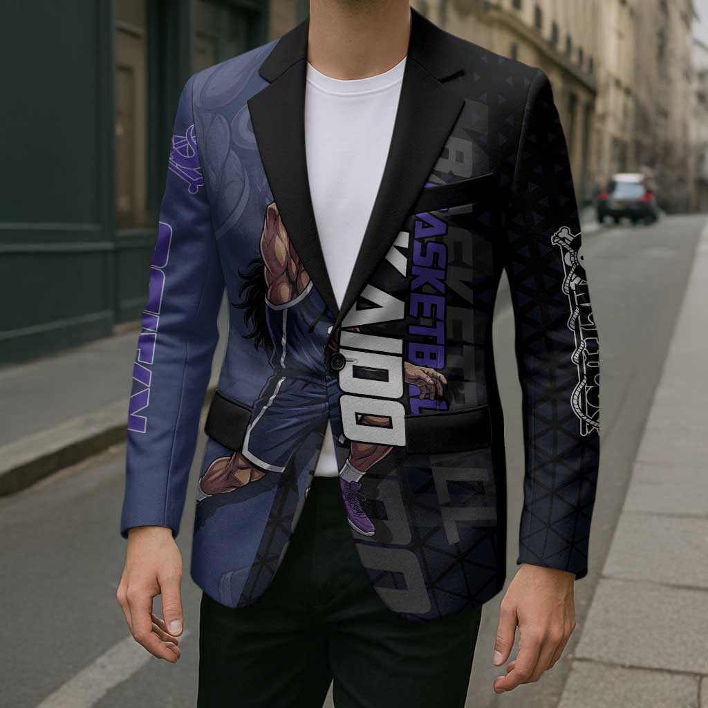 Kaido One Piece Basketball Theme Navy and Black Design Blazer with Dragon Skull Emblem and Power Dunk Pose - The Mazicc
