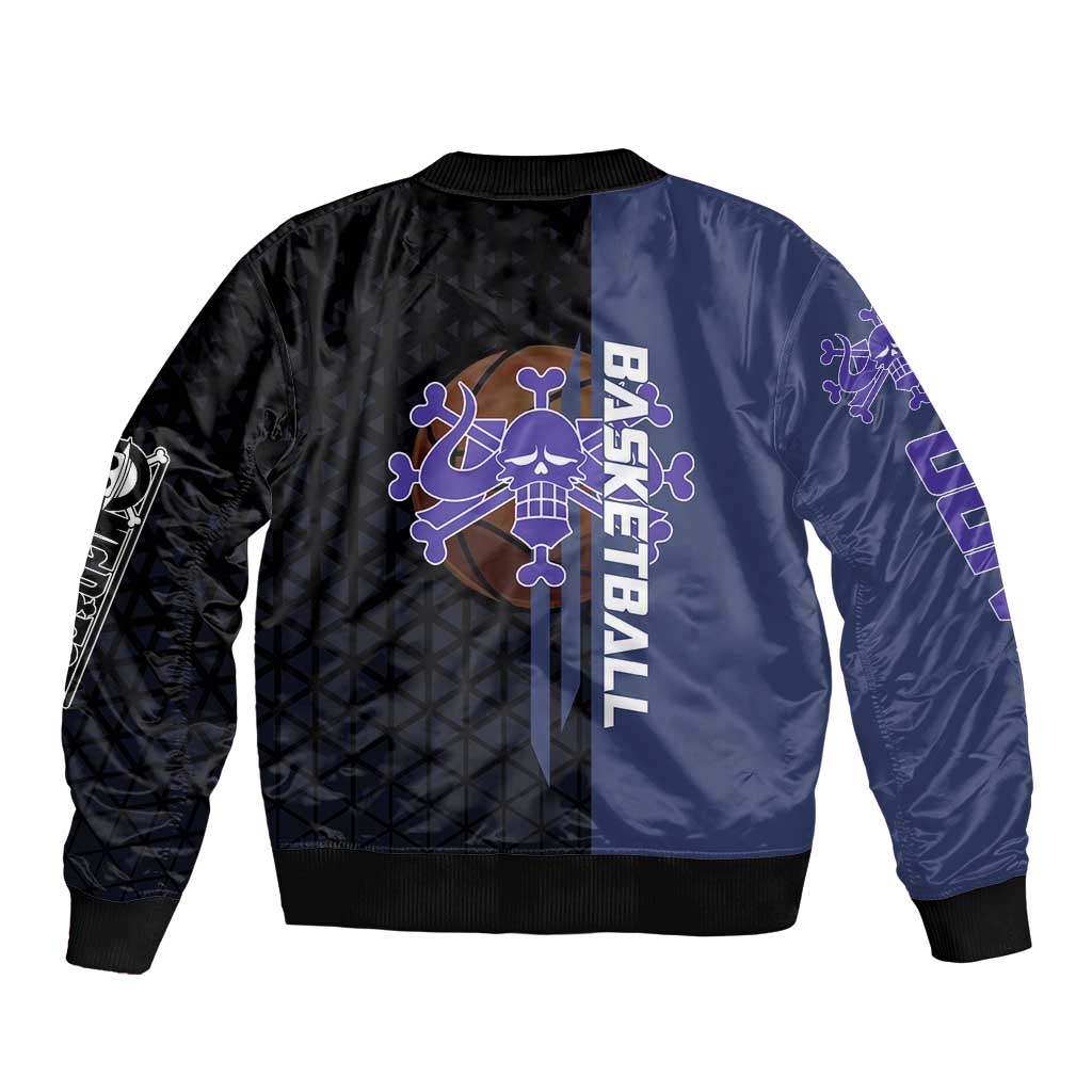 Kaido One Piece Basketball Theme Navy and Black Design Bomber Jacket with Dragon Skull Emblem and Power Dunk Pose - The Mazicc