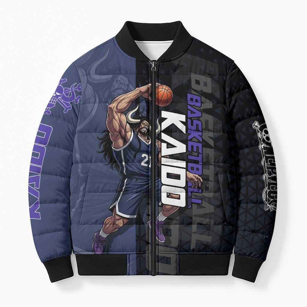Kaido One Piece Basketball Theme Navy and Black Design Bomber Puffer Jacket with Dragon Skull Emblem and Power Dunk Pose - The Mazicc