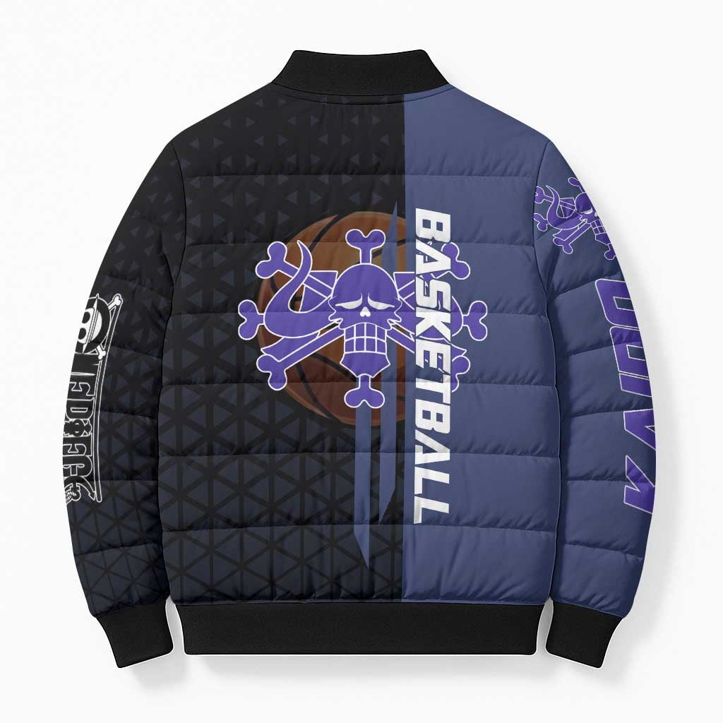 Kaido One Piece Basketball Theme Navy and Black Design Bomber Puffer Jacket with Dragon Skull Emblem and Power Dunk Pose - The Mazicc