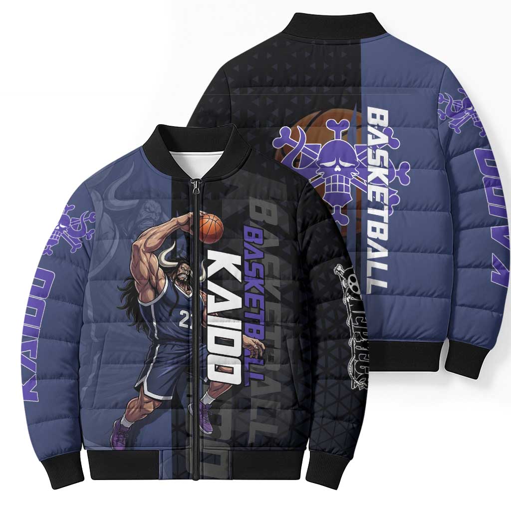 Kaido One Piece Basketball Theme Navy and Black Design Bomber Puffer Jacket with Dragon Skull Emblem and Power Dunk Pose - The Mazicc