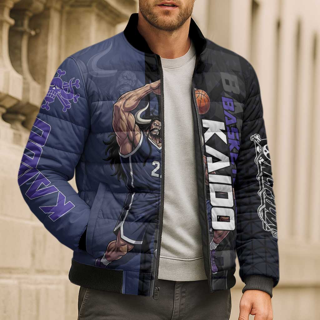 Kaido One Piece Basketball Theme Navy and Black Design Bomber Puffer Jacket with Dragon Skull Emblem and Power Dunk Pose - The Mazicc