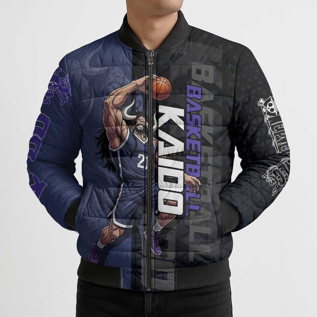Kaido One Piece Basketball Theme Navy and Black Design Bomber Puffer Jacket with Dragon Skull Emblem and Power Dunk Pose - The Mazicc