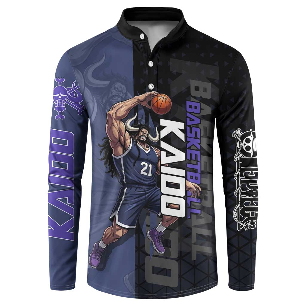 Kaido One Piece Basketball Theme Navy and Black Design Button Sweatshirt with Dragon Skull Emblem and Power Dunk Pose - The Mazicc
