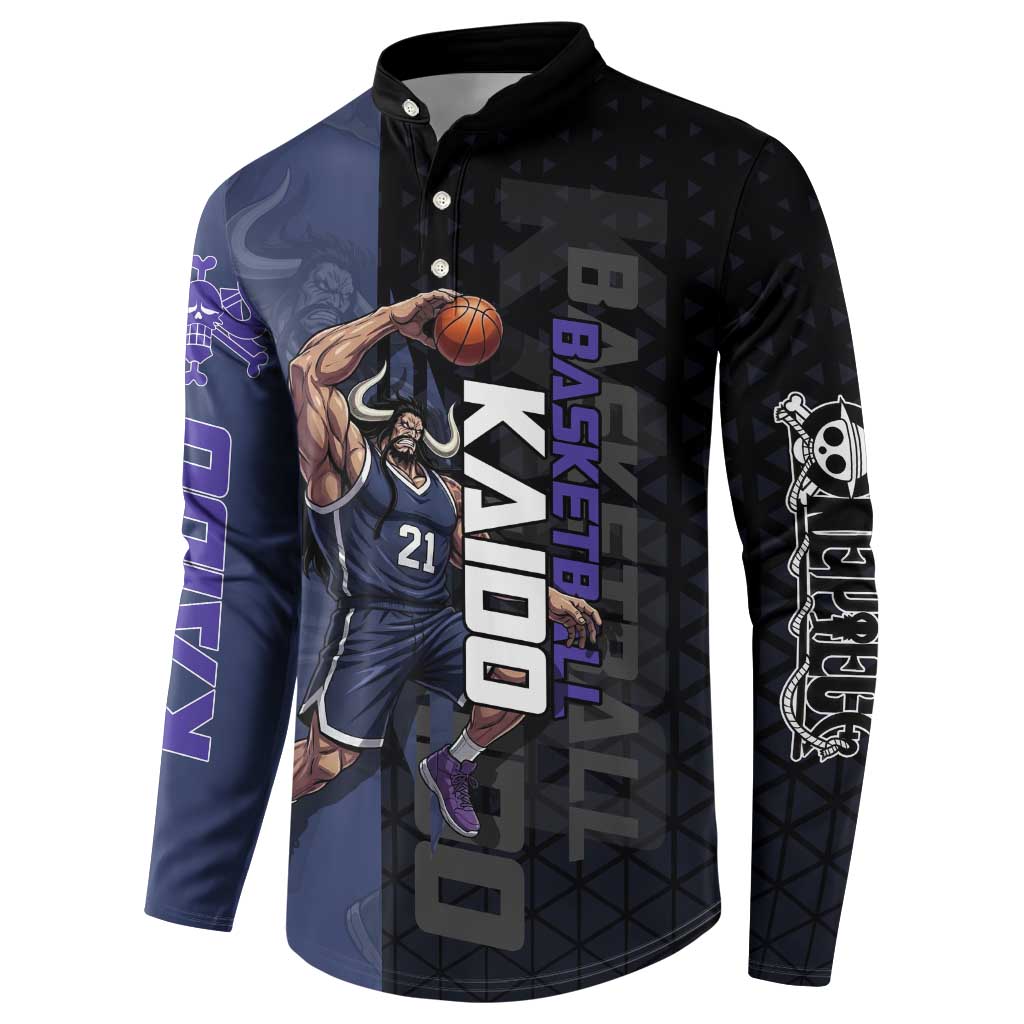 Kaido One Piece Basketball Theme Navy and Black Design Button Sweatshirt with Dragon Skull Emblem and Power Dunk Pose - The Mazicc