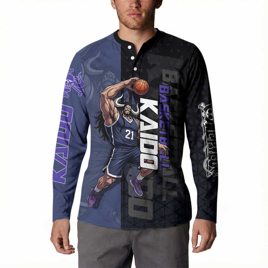 Kaido One Piece Basketball Theme Navy and Black Design Button Sweatshirt with Dragon Skull Emblem and Power Dunk Pose - The Mazicc
