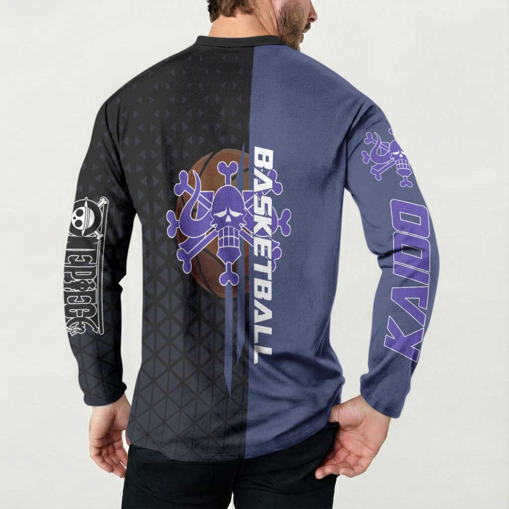 Kaido One Piece Basketball Theme Navy and Black Design Button Sweatshirt with Dragon Skull Emblem and Power Dunk Pose - The Mazicc