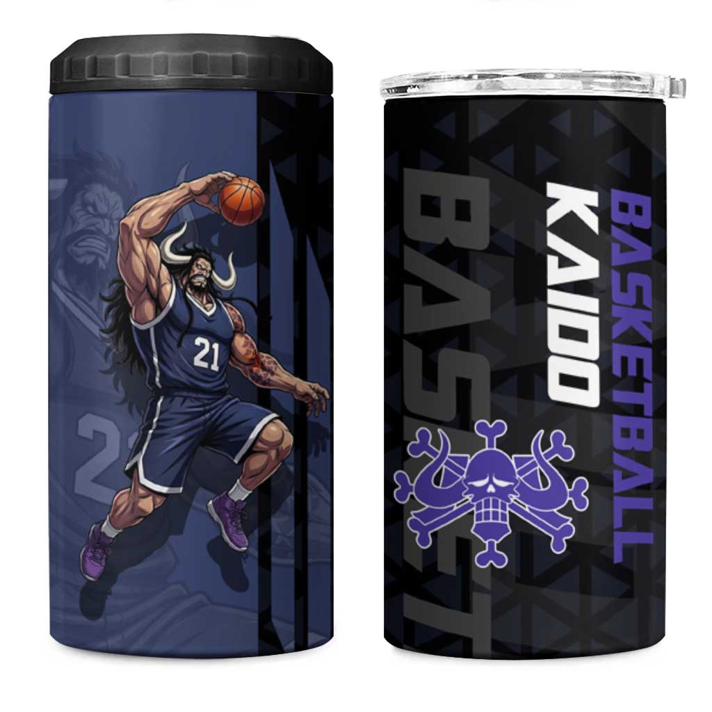 Kaido One Piece Basketball Theme Navy and Black Design 4 in 1 Can Cooler Tumbler with Dragon Skull Emblem and Power Dunk Pose - The Mazicc