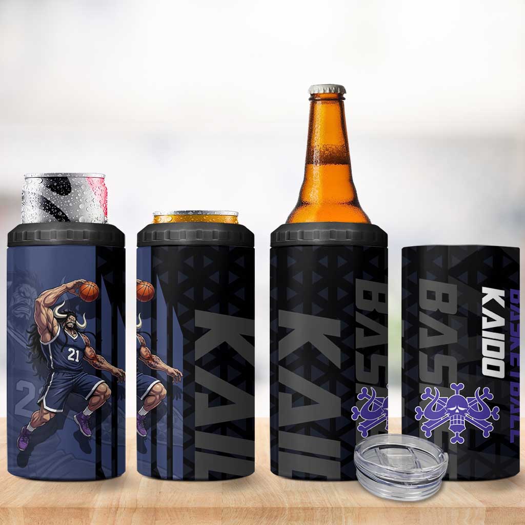 Kaido One Piece Basketball Theme Navy and Black Design 4 in 1 Can Cooler Tumbler with Dragon Skull Emblem and Power Dunk Pose - The Mazicc