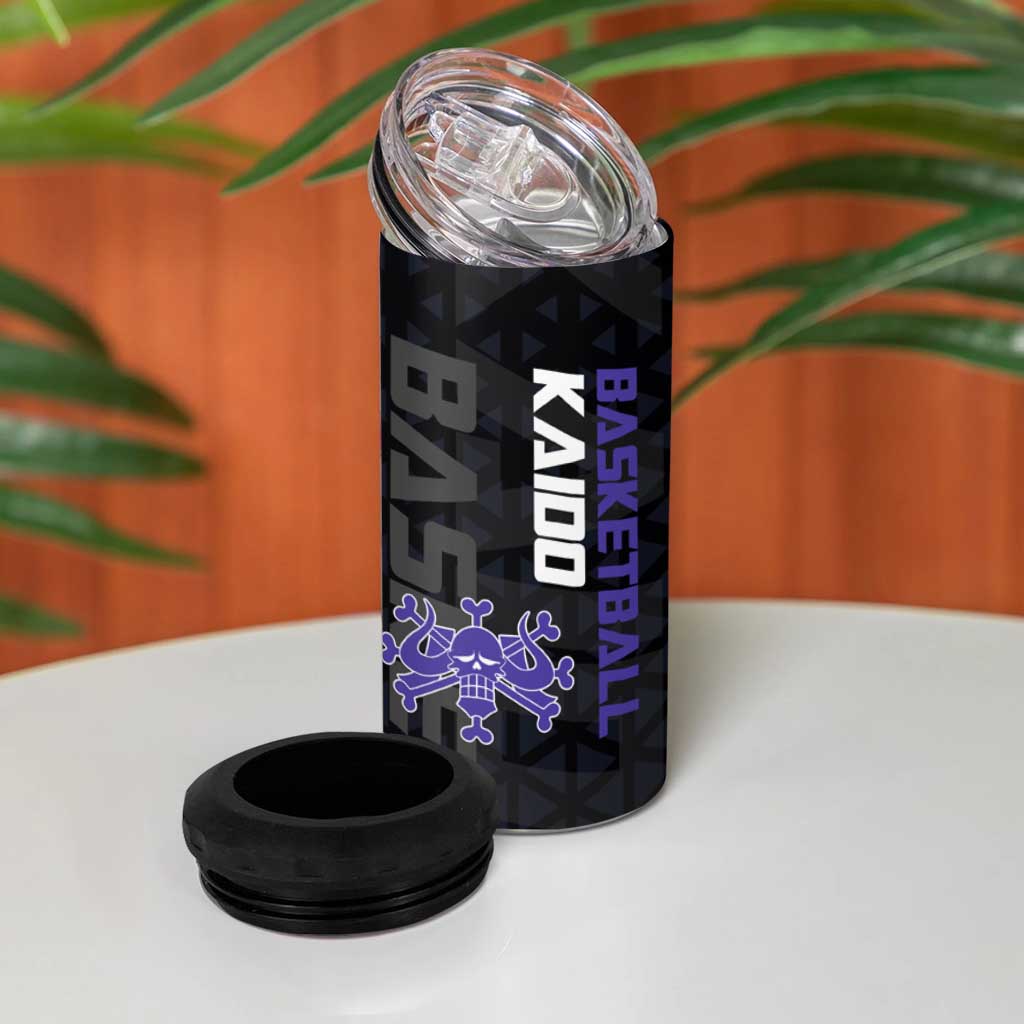 Kaido One Piece Basketball Theme Navy and Black Design 4 in 1 Can Cooler Tumbler with Dragon Skull Emblem and Power Dunk Pose - The Mazicc
