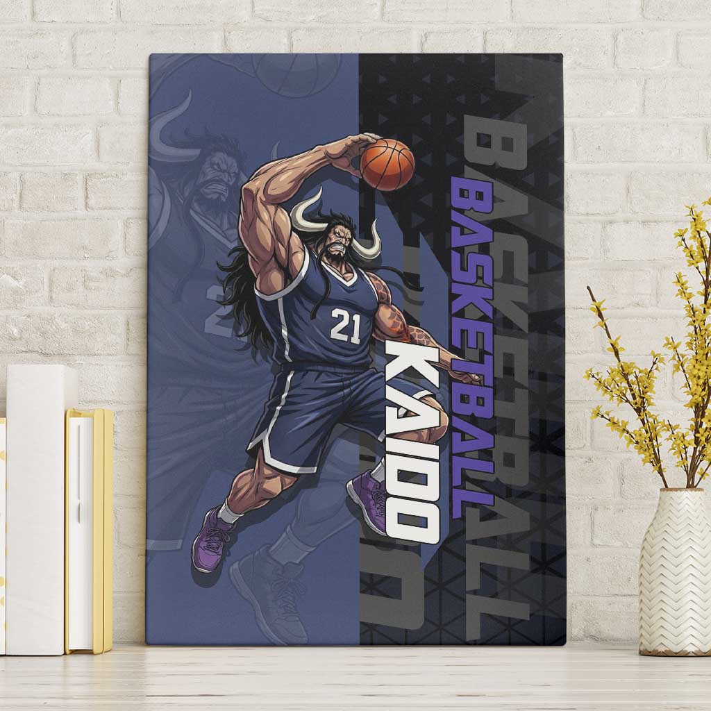 Kaido One Piece Basketball Theme Navy and Black Design Canvas Wall Art with Dragon Skull Emblem and Power Dunk Pose - The Mazicc