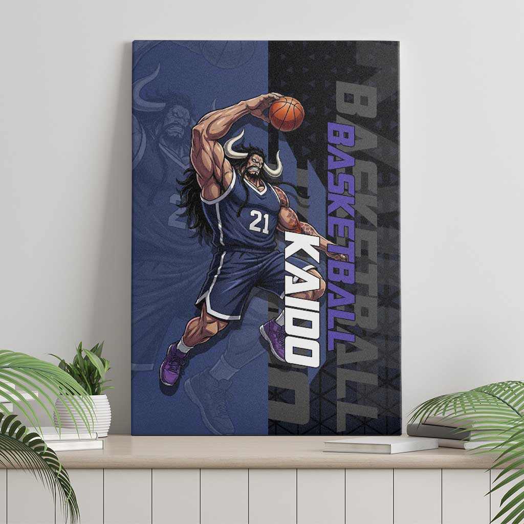 Kaido One Piece Basketball Theme Navy and Black Design Canvas Wall Art with Dragon Skull Emblem and Power Dunk Pose - The Mazicc